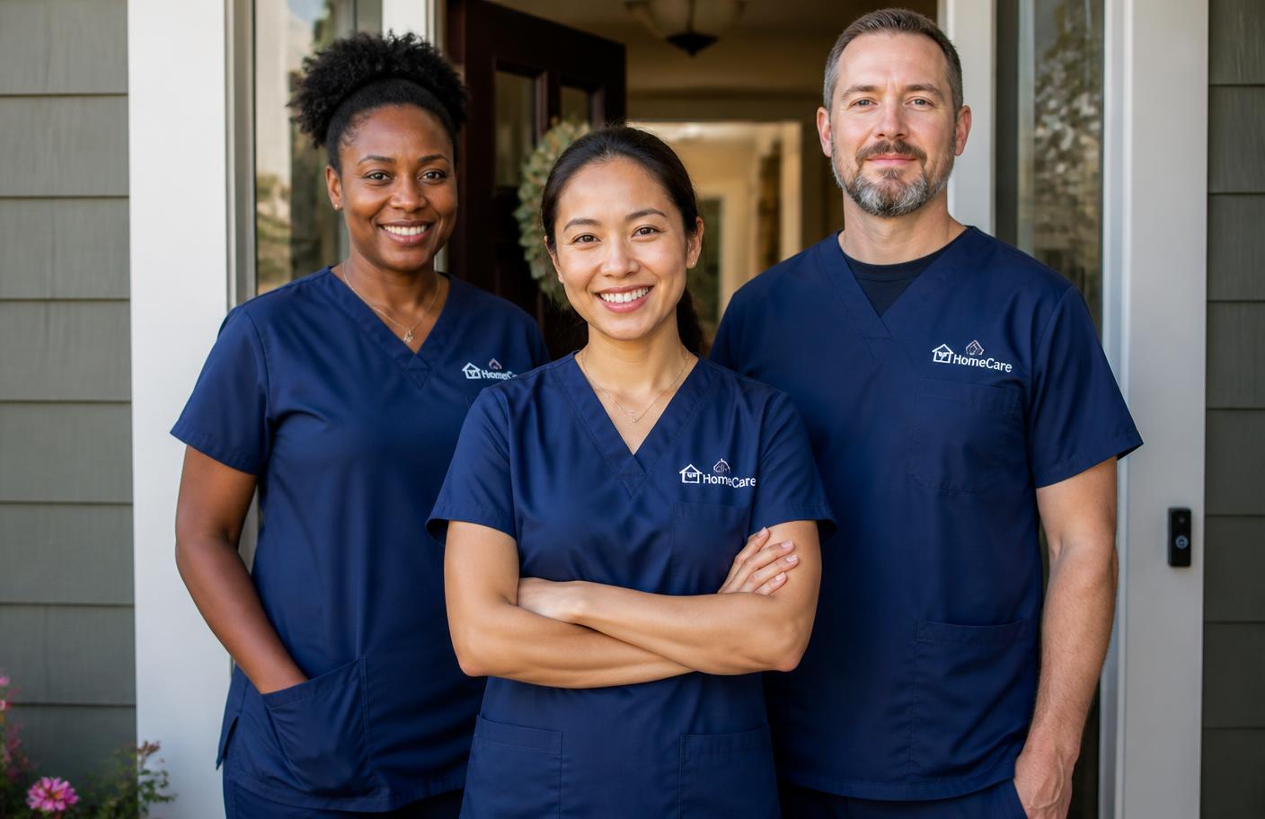 Three professional caregivers in navy uniforms standing together in a residential doorway