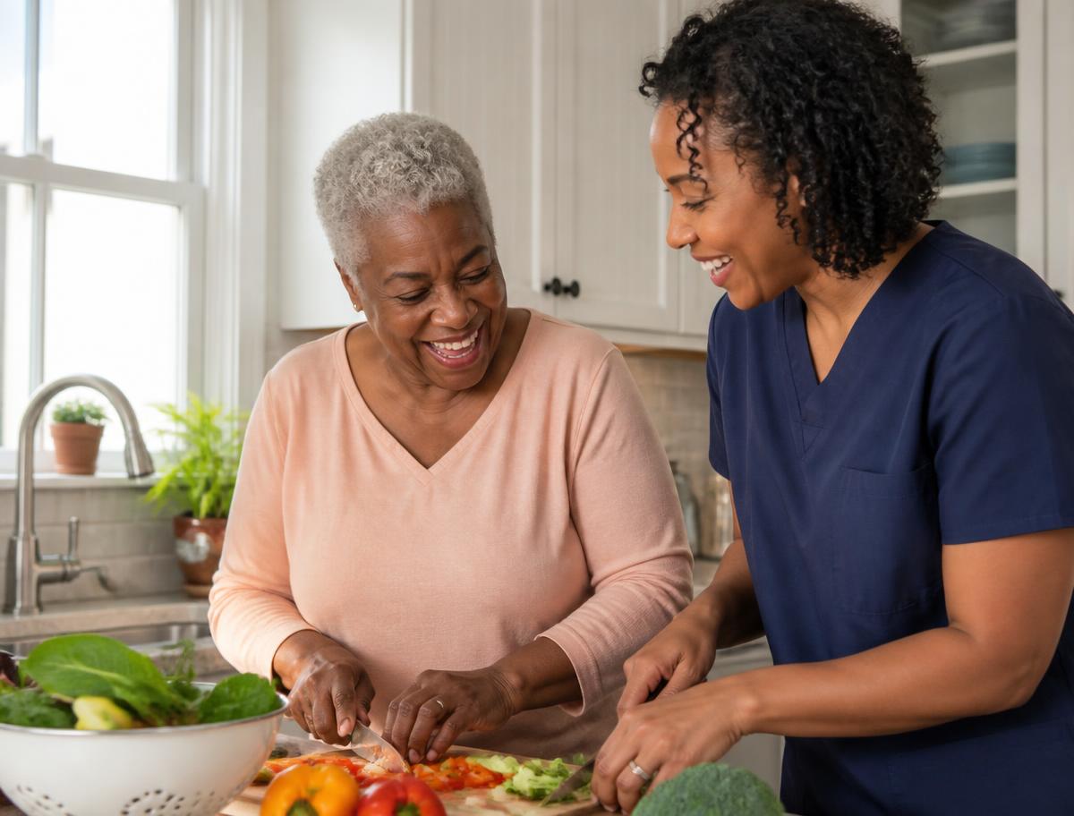 A caregiver preparing fresh vegetables with an older woman in her kitchen